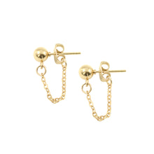 Load image into Gallery viewer, 14k gold ball stud earrings with dainty short chain looped from front to back