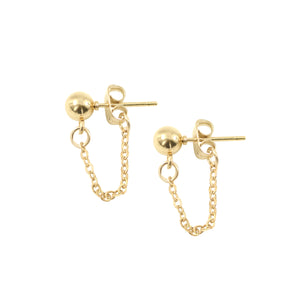 14k gold ball stud earrings with dainty short chain looped from front to back