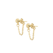 Load image into Gallery viewer, 14k gold ball stud earrings with dainty short chain looped from front to back