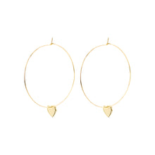 Load image into Gallery viewer, 14k gold, faith inspired thin hoop earrings with dangling heart charms