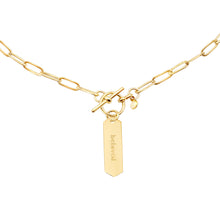 Load image into Gallery viewer, 14k gold chain, faith inspired necklace with Beloved hand stamped on hanging tag with toggle closure

