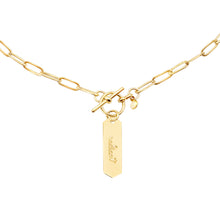Load image into Gallery viewer, 14k gold chain, faith inspired necklace with Radiant hand stamped on hanging tag with toggle closure
