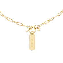 Load image into Gallery viewer, 14k gold chain, faith inspired necklace with Strong hand stamped on hanging tag with toggle closure
