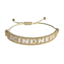 Load image into Gallery viewer, Kindness Gold and White beaded adjustable bracelet.