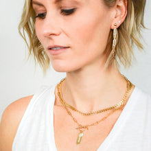 Load image into Gallery viewer, 14k gold ball stud earrings with chunky longer chain looped from front to back