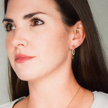 Load image into Gallery viewer, 14k gold ball stud earrings with chunky short chain looped from front to back