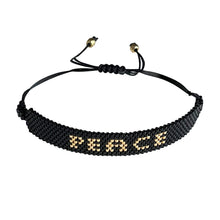 Load image into Gallery viewer, Peace Gold and Black beaded adjustable bracelet.