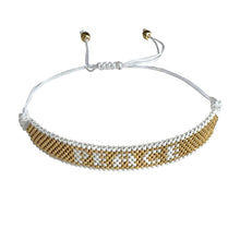 Load image into Gallery viewer, Peace Gold and White beaded adjustable bracelet.