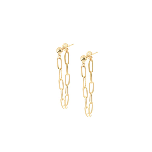 14k gold ball stud earrings with chunky longer chain looped from front to back
