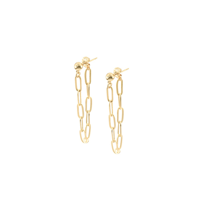 14k gold ball stud earrings with chunky longer chain looped from front to back