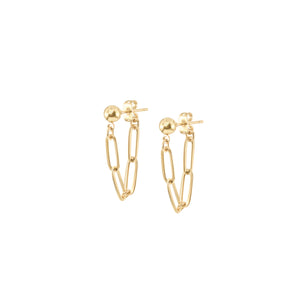 14k gold ball stud earrings with chunky short chain looped from front to back