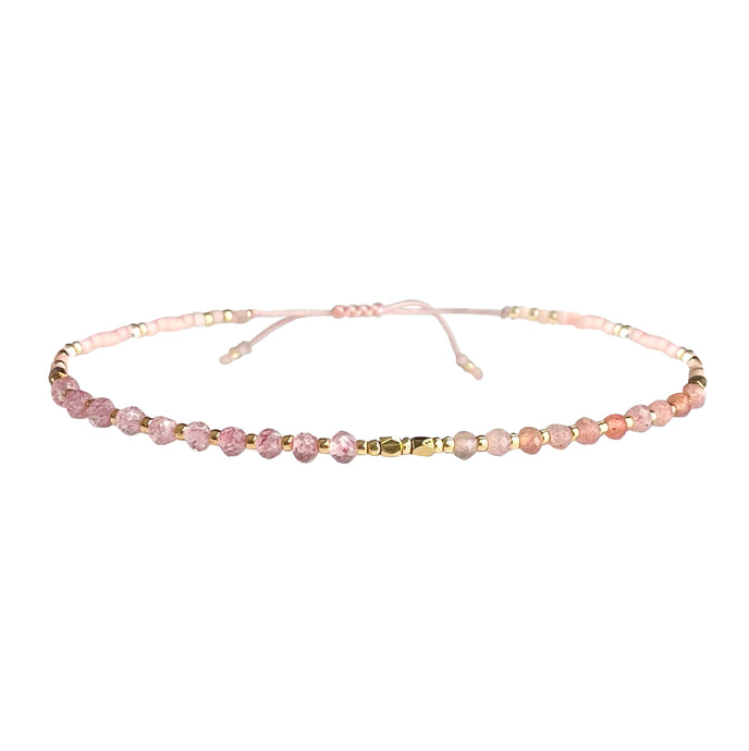 Gold, blush and pink mixed bead, adjustable bracelet perfect for layering.
