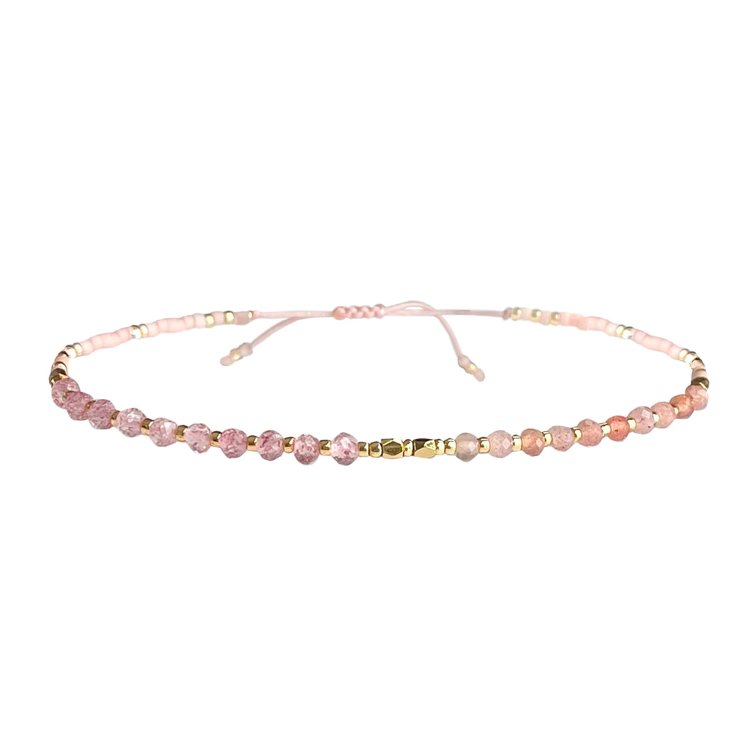Gold, blush and pink mixed bead, adjustable bracelet perfect for layering.