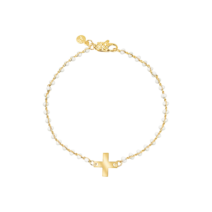 Dainty gold-plated bracelet with white enamel and cross