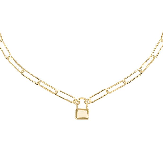 14k gold chunky chain necklace with lock charm
