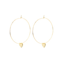 Load image into Gallery viewer, 14k gold, faith inspired thin hoop earrings with dangling heart charms
