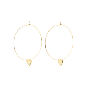 14k gold, faith inspired thin hoop earrings with dangling heart charms