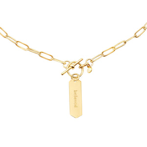 14k gold chain, faith inspired necklace with Beloved hand stamped on hanging tag with toggle closure