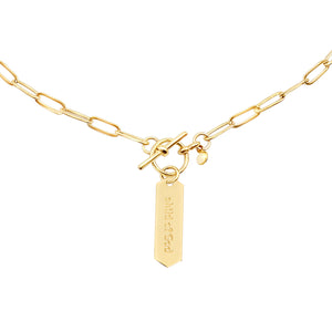 14k gold chain, faith inspired necklace with Child of God hand stamped on hanging tag with toggle closure
