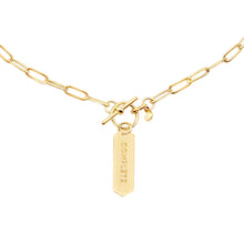 Load image into Gallery viewer, 14k gold chain, faith inspired necklace with Complete hand stamped on hanging tag with toggle closure
