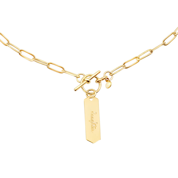 14k gold chain, faith inspired necklace with Daughter hand stamped on hanging tag with toggle closure
