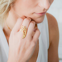Load image into Gallery viewer, 14k gold-plated, statement, adjustable, leaf ring
