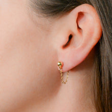 Load image into Gallery viewer, 14k gold ball stud earrings with dainty short chain looped from front to back
