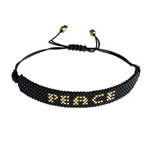 Load image into Gallery viewer, Peace Gold and Black beaded adjustable bracelet.
