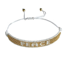 Load image into Gallery viewer, Peace Gold and White beaded adjustable bracelet.
