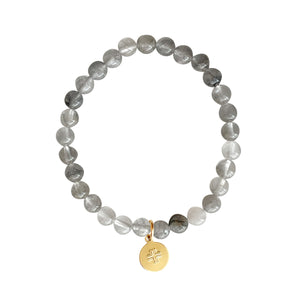 Cloud Quartz stone stretch bracelet with gold disc charm with stamped cross.
